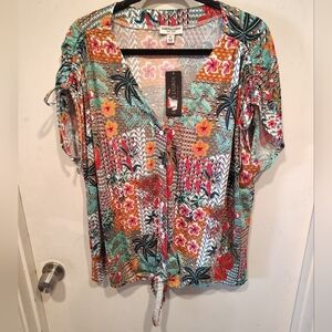 Sabrina Lauren NWT Tropical Stretch Knit Tie Front Button Down Top 3X Vacation